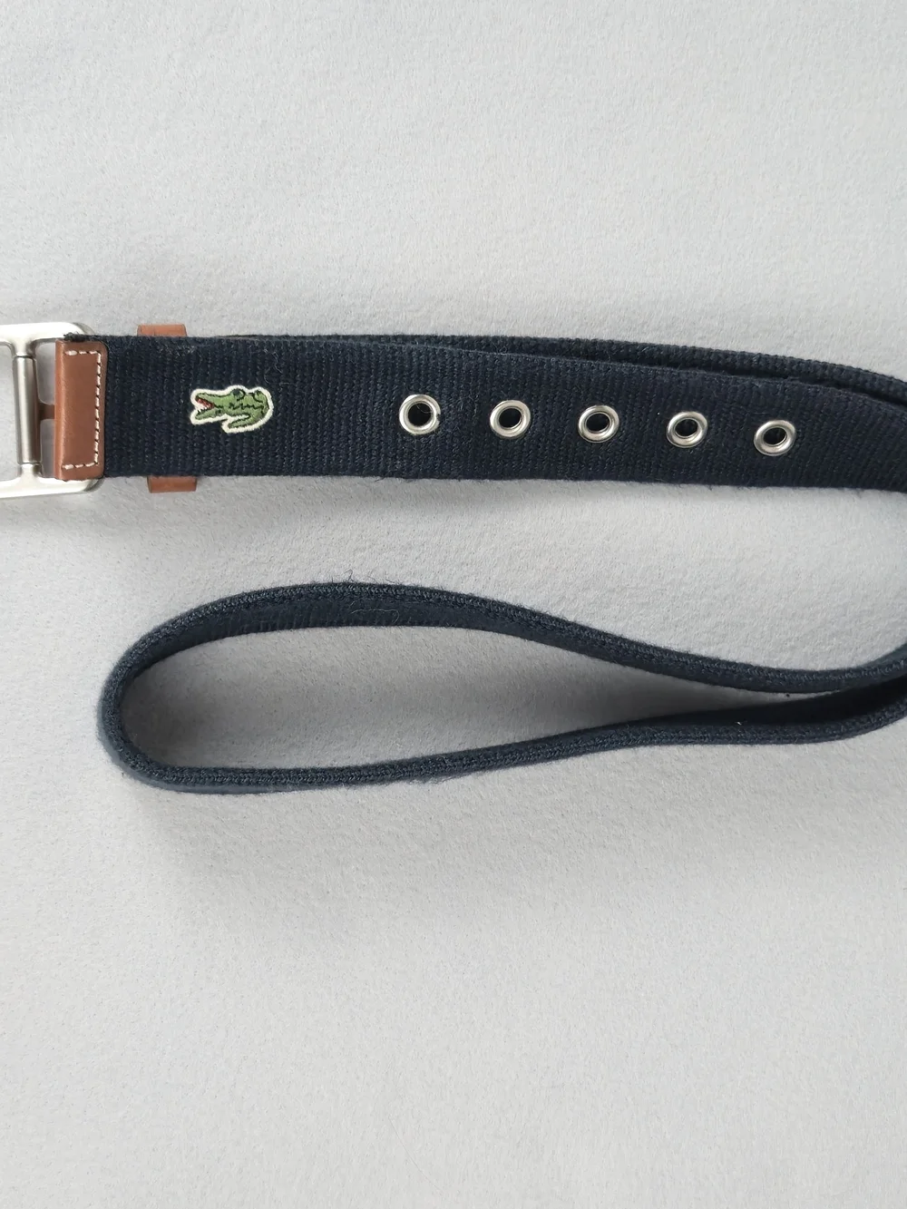 Lacoste Navy Canvas Belt with Brown Leather Accents - Size 38